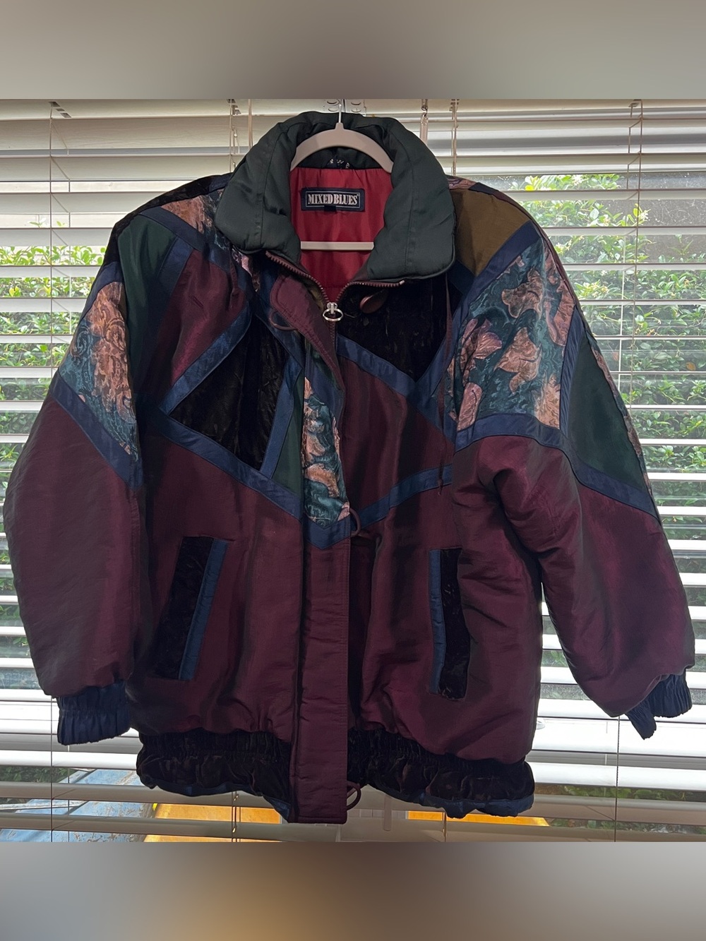 Vintage Mixed Blues Women's Burgundy Multi-Panel Puffer Coat